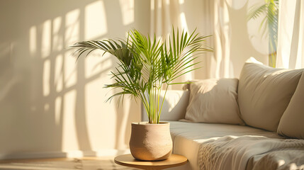 A potted plant sits on a table in a living room