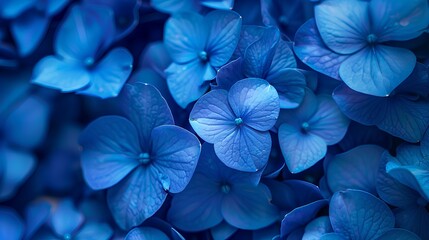 Blue hydrangea flowers background. Top view of dark blue colored flowers with soft light and shadow. Blue hydrangea flower wallpaper in the style of a vintage style. 