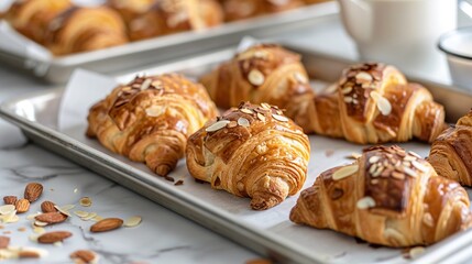 Homemade Almond Croissants on a breakfast table. The tray has golden brown and crispy croissants which are a traditional French breakfast.