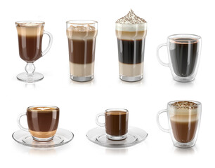 Coffee types set in different cups and glasses. Samples of images of coffee types for cafe menu layout. 3d illustration on white background