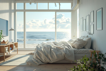 Stylish interior of modern bedroom with overlooking on ocean ,scandinavian interior