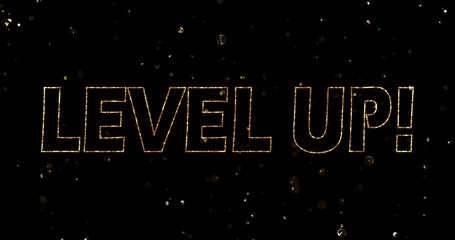 Level Up gold text on glitter background	