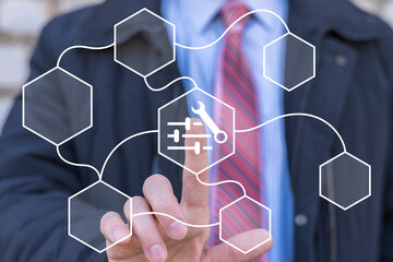 Business man using empty virtual touch screen presses icon: wrench with settings panel. Customize...