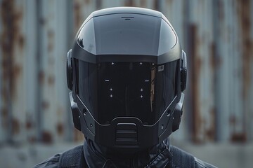 Helmeted man in black leather jacket