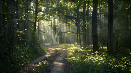 Obraz premium A forest path is illuminated by the sun, creating a peaceful