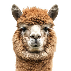 Obraz premium Closeup of a cute, fluffy alpaca with big eyes isolated on a transparent background