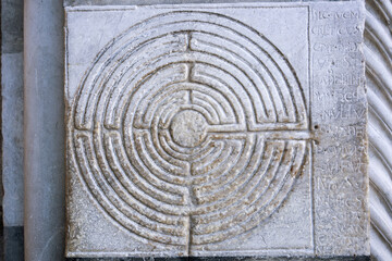 The labyrinth engraved on the facade of the Cathedral of San Martino in Lucca, Tuscany.