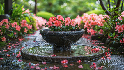 Small garden fountain.splashing water.  A magical English secret garden with red and pink flowers. 