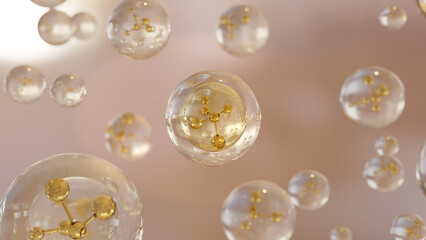 Cosmetics Serum bubbles on defocus background. Collagen bubbles Design. Molecule inside a liquid bubble. Essence Ball Molecules. 3D render