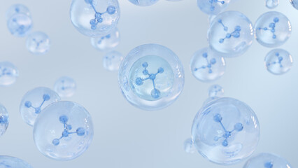 3D rendering Cosmetics Serum bubbles on defocus background. Collagen bubbles Design. Molecule inside a liquid bubble. Essence Ball Molecules.