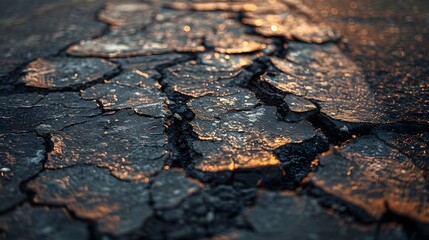 Cracked asphalt texture as an abstract background on a road