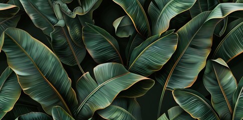 3D render of a seamless pattern with banana leaves in green and brown colors on a black background. AI generated illustration