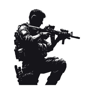recommend clip art: Vector soldiers with guns and backpacks silhouette design template illustration
