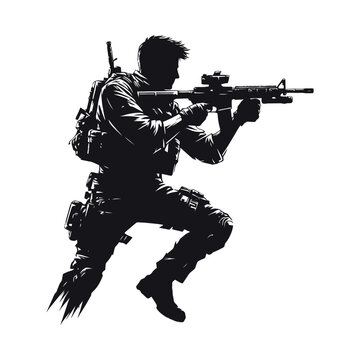 recommend clip art: Vector soldiers with guns and backpacks silhouette design template illustration