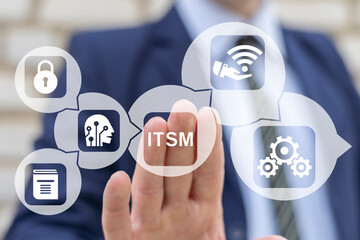 Man using virtual touch screen presses abbreviation: ITSM. Information Technology Service Management ( ITSM ) Framework Concept. Asset, knowledge, service, incident, request strategy and improvement.