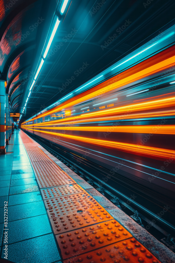 Fototapete a long exposure shot of a metro train speeding through a station, creating light trails that blur wi