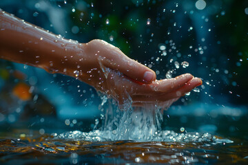 Close-up of a childâ€™s hand reaching out to touch the water in a splash zone, with droplets splashing around,