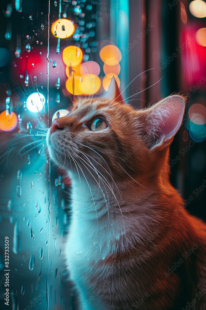 Poster a playful image of a cat watching colorful sprinkle rain through a window,