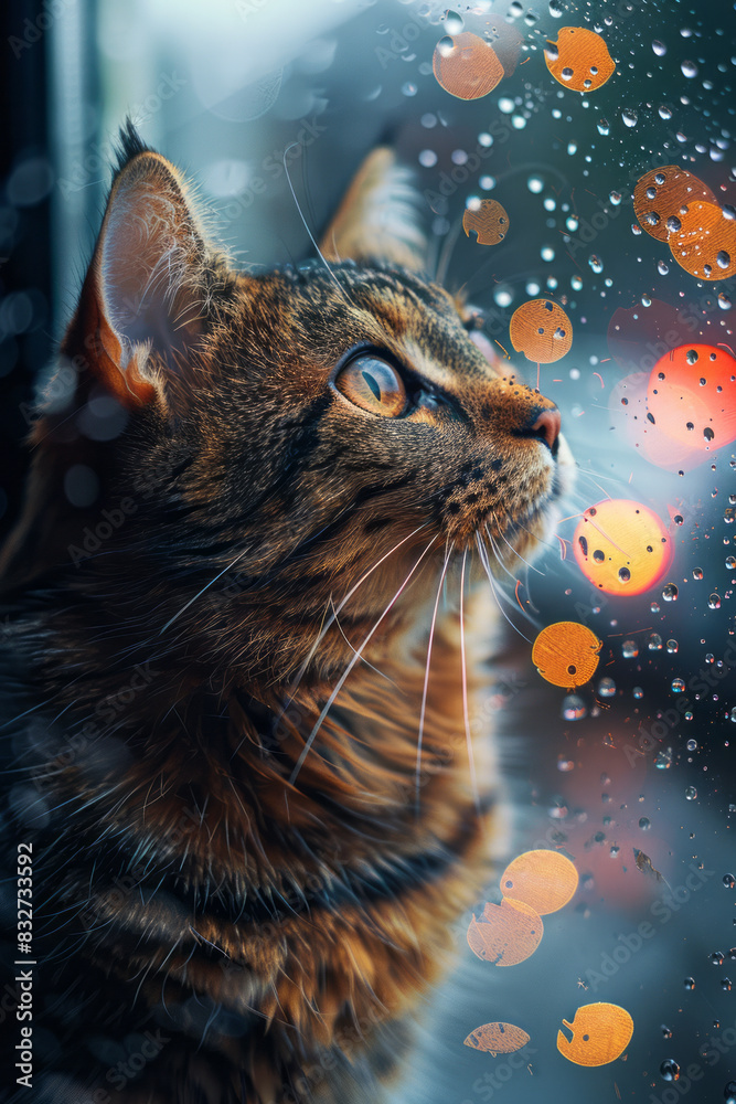 Poster a playful image of a cat watching colorful sprinkle rain through a window,