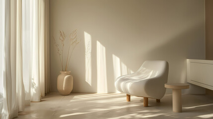 A white room with a white couch and a white chair