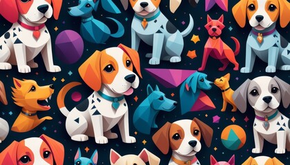 A fun and lively illustration featuring various cartoon dogs in a colorful, playful pattern. Ideal for children's products, playful decor, or whimsical art projects.. AI Generation