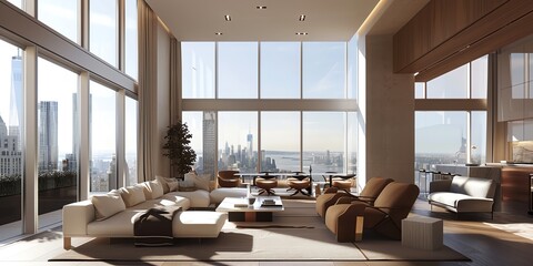 Fototapeta premium Sophisticated living room design in an apartment with sleek furniture, large windows, and minimalist decor