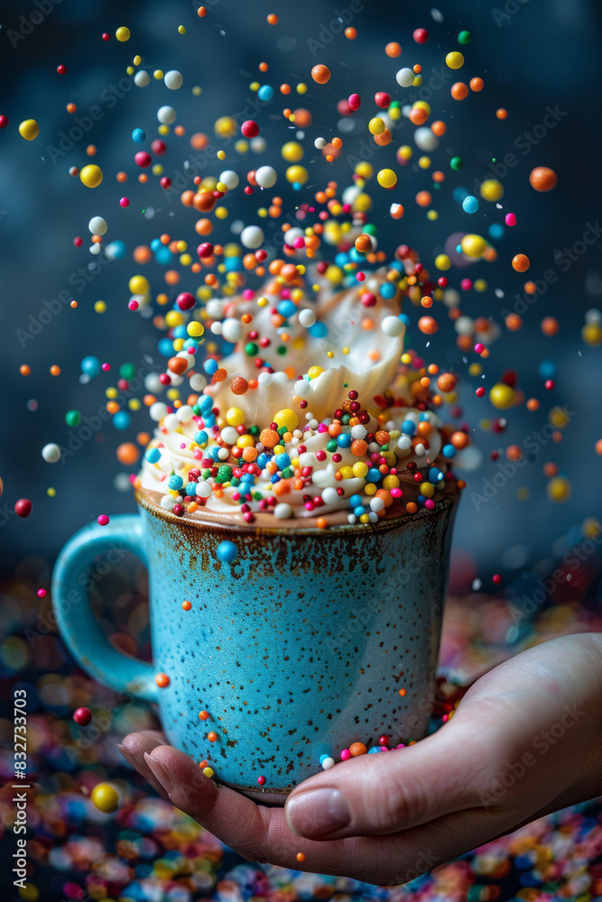 Aufkleber macro view of colorful sprinkles falling into a cup of hot cocoa, creating a magical effect,