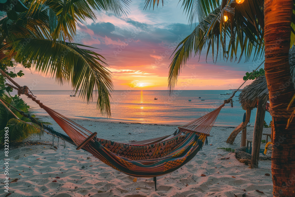 Poster a tranquil beach with hammocks strung between palm trees and a sunset painting the sky in shades of 