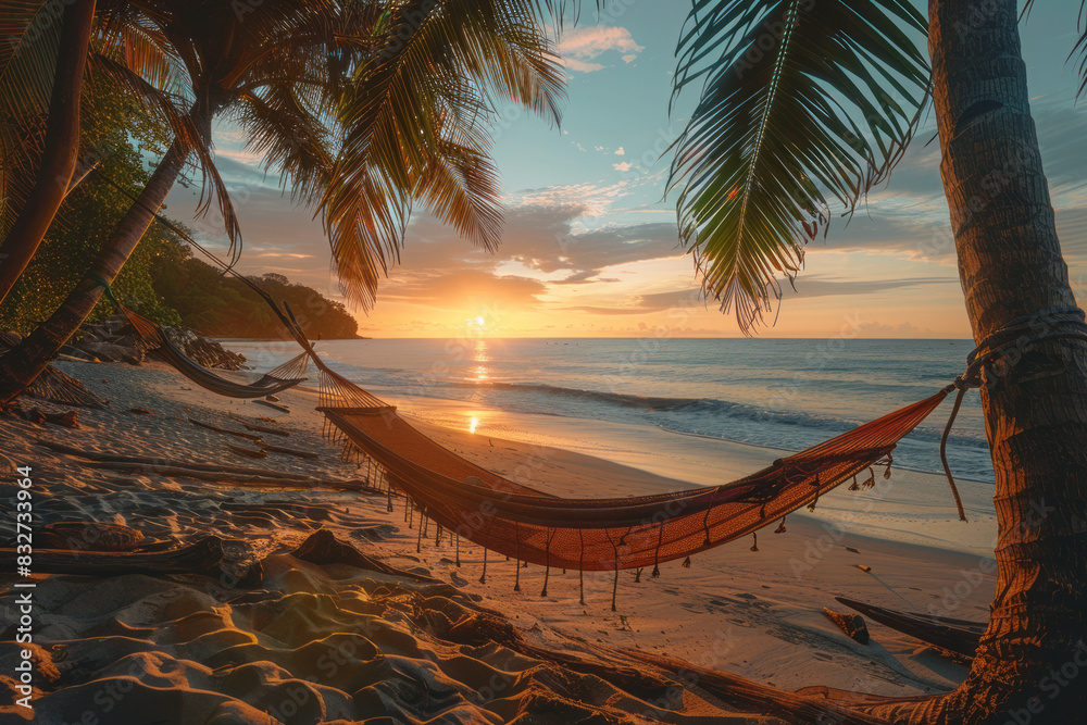 Poster a tranquil beach with hammocks strung between palm trees and a sunset painting the sky in shades of 