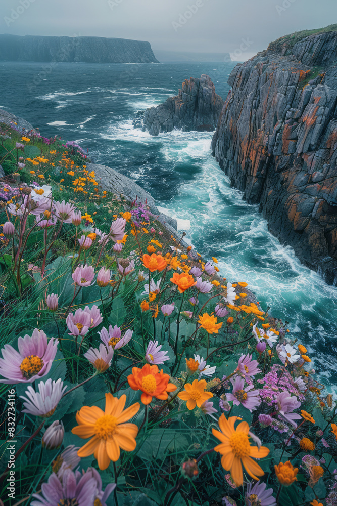 Poster a tranquil seaside cliff with wildflowers in bloom and waves crashing gently below,