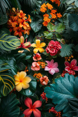 Fototapeta premium A tropical garden with exotic plants and flowers in vivid colors, with butterflies flitting about,