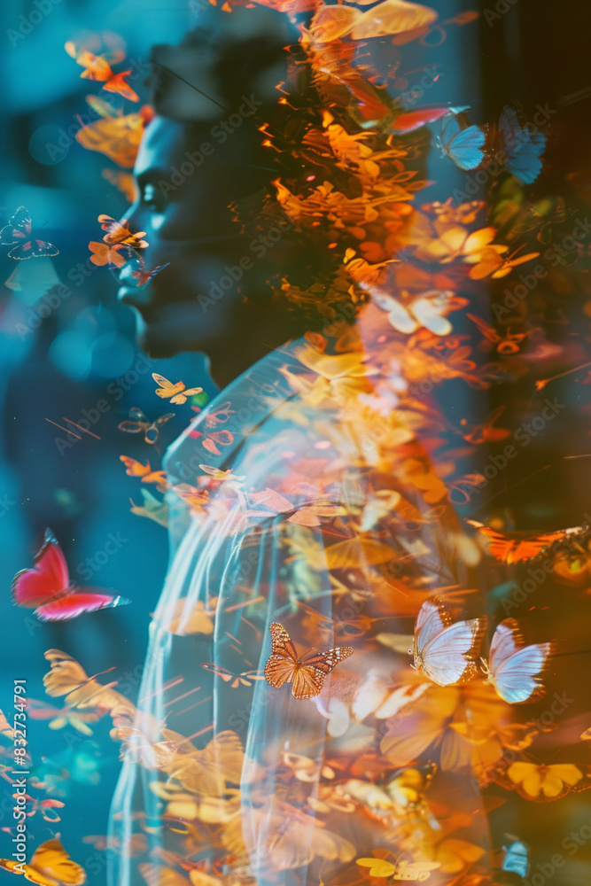 Poster an abstract representation of a person with their midsection filled with vibrant, fluttering butterf
