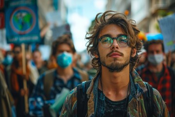 Young man at climate protest with crowd in background