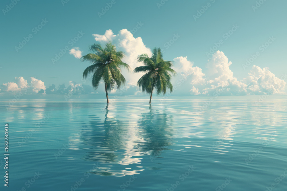 Aufkleber a minimalist ocean scene with palm trees on clouds floating above the water,