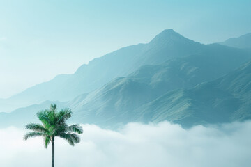 A palm tree on a cloud, with minimalist mountains in the background,