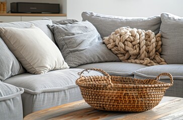 Close up of a coffee table with a basket and potted plant on top 