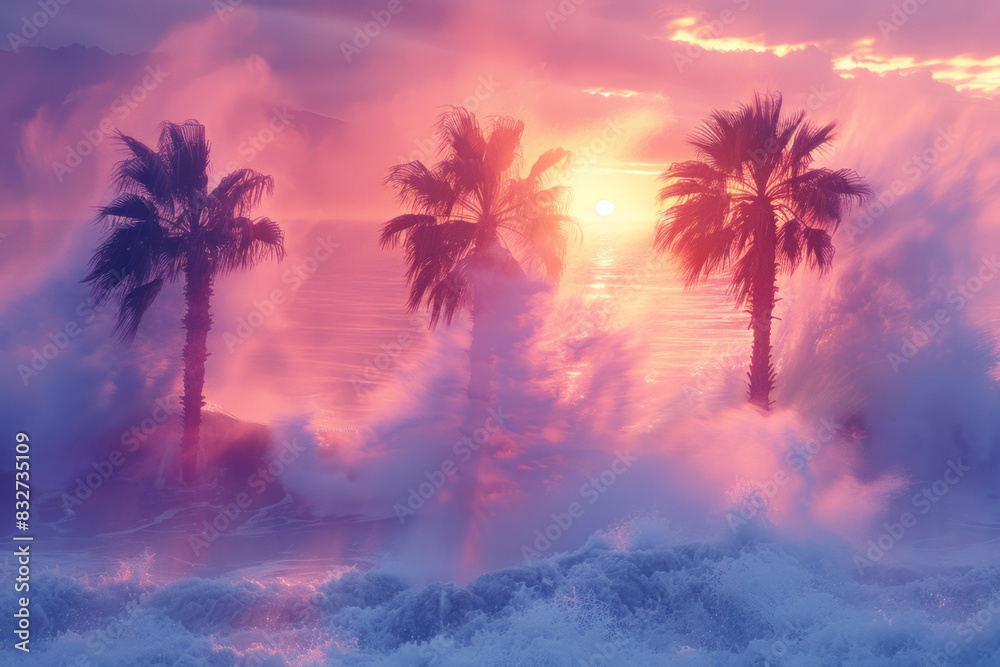 Aufkleber Palm trees on clouds, with abstract waves of color flowing in the background,