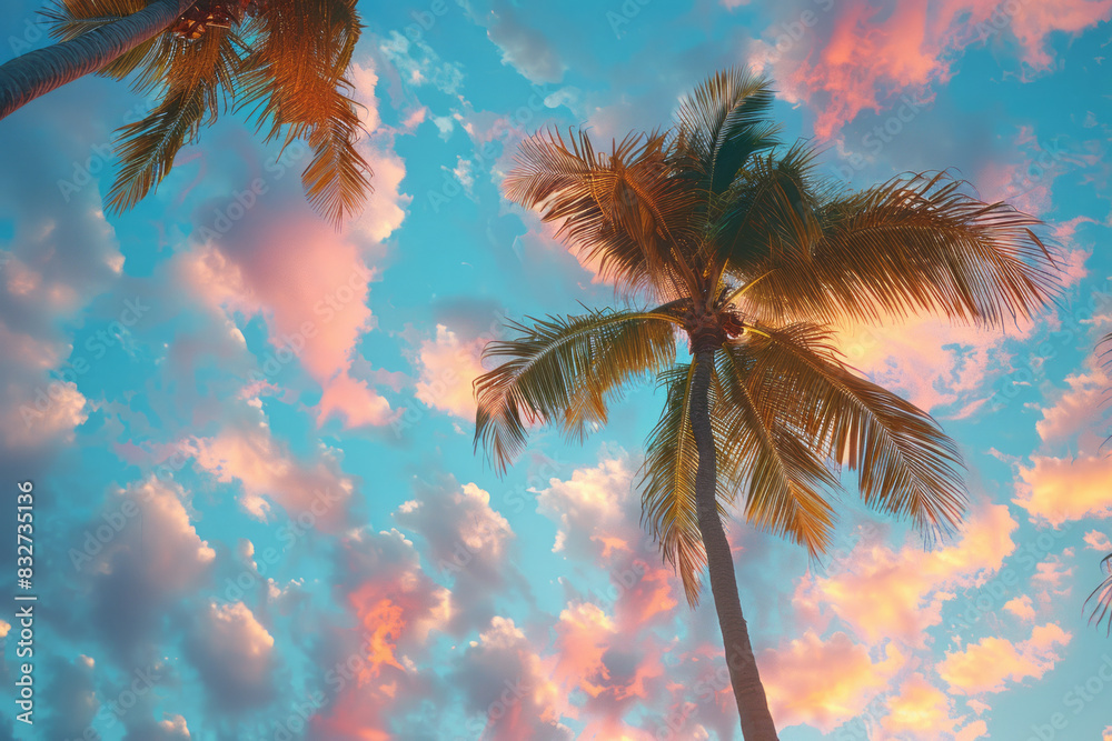 Aufkleber Palm trees on clouds, with abstract waves of color flowing in the background,