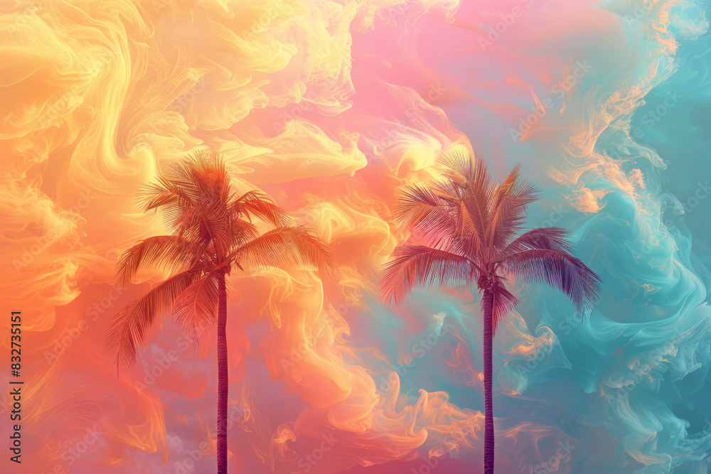 Aufkleber Palm trees on clouds, with abstract waves of color flowing in the background,