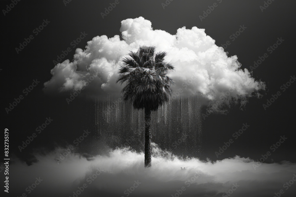 Poster a single palm tree on a cloud, with minimalist raindrops falling around it,