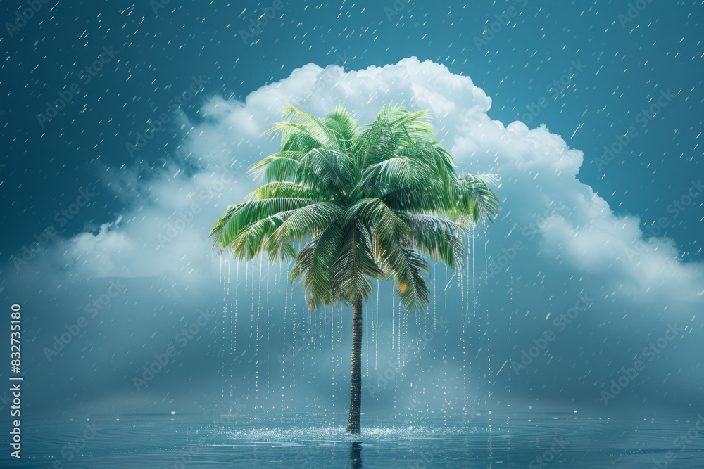 Poster a single palm tree on a cloud, with minimalist raindrops falling around it,