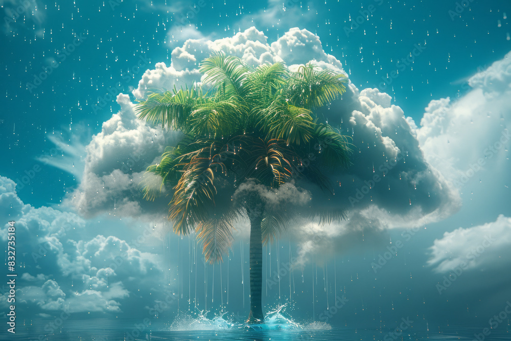 Poster a single palm tree on a cloud, with minimalist raindrops falling around it,