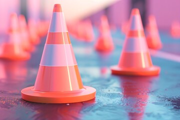 Multiple orange and white cones arranged on a surface