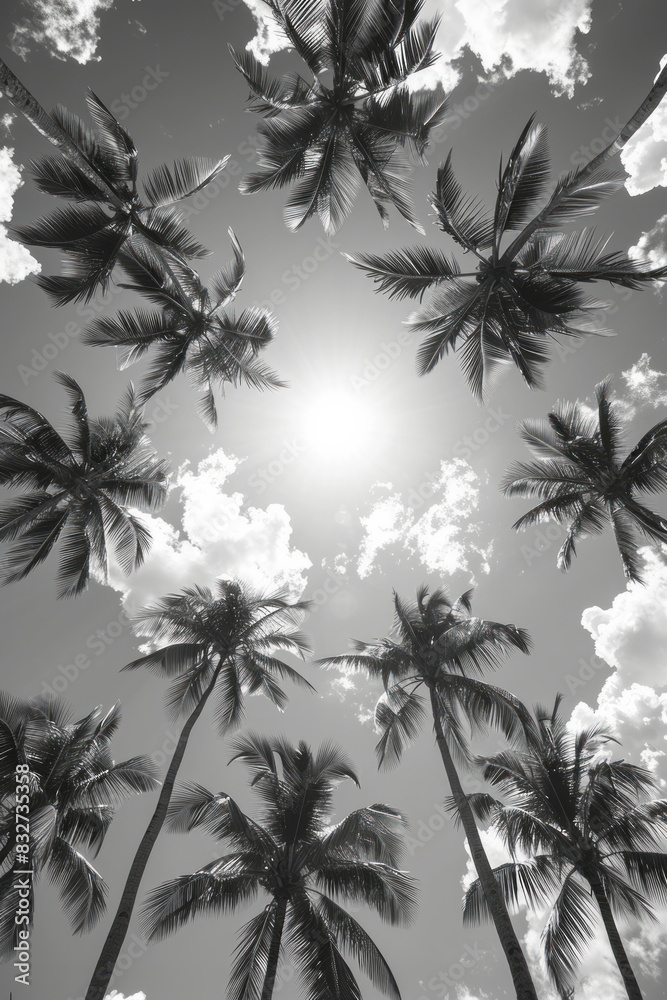 Leinwandbilder Palm trees on clouds arranged in a circular pattern, creating a minimalist mandala,