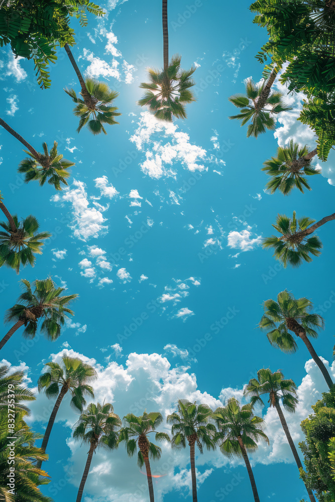 Aufkleber Palm trees on clouds arranged in a circular pattern, creating a minimalist mandala,