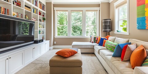 Spacious family room with a sectional sofa, entertainment center, and colorful accents