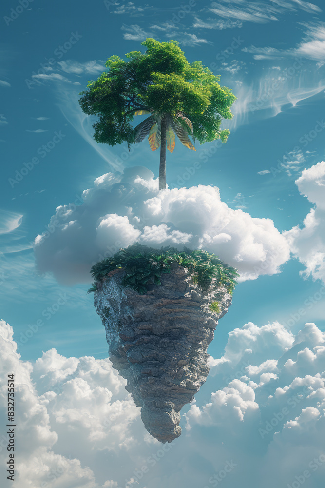 Poster Minimalist illustration of a tiny island with a palm tree perched on a cloud, floating in an endless sky,
