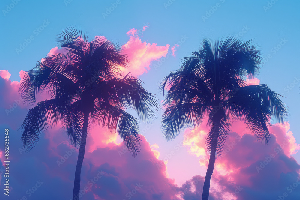 Aufkleber A pair of palm trees gently swaying on a soft cloud, silhouetted against a simple gradient background,