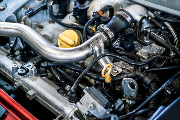 Car engine. Gasoline engine and car engine structure during technical inspection