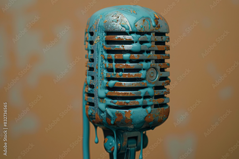 Poster A retro microphone with teal paint cascading down against a soft beige background,